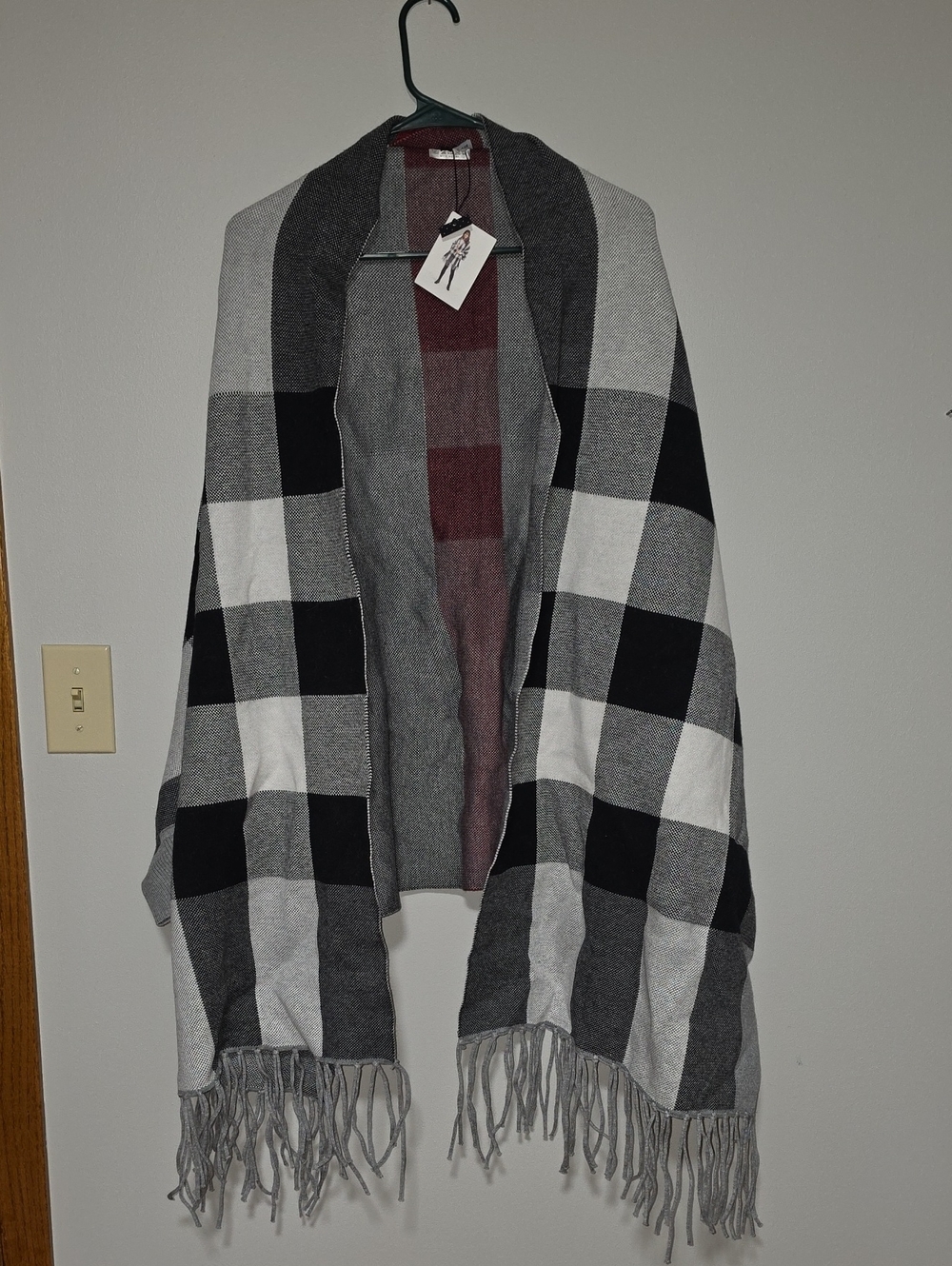Fringe Plaid Open-Front Wrap Jacket - Gray/Black